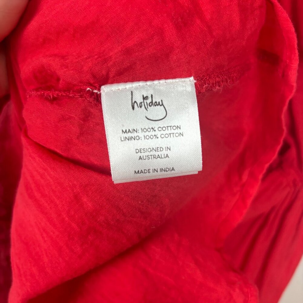 Holiday S Red Tiered Midi Dress Gauzy Lagenlook Empire Waist 100% Cotton - Picture 3 of 4